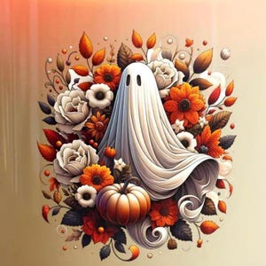 May include: A white ghost illustration surrounded by autumn-themed elements including orange and red flowers, brown leaves, and a single orange pumpkin. The design features flowing fabric lines on the ghost and detailed floral arrangements.