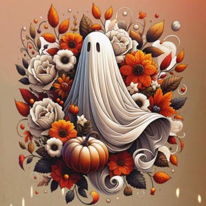 May include: A white ghost figure draped in fabric, positioned centrally amidst a vibrant autumn arrangement. The scene features orange pumpkins, deep red and orange flowers, and various fall-colored leaves in shades of brown and gold.