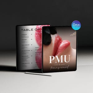 May include: Two digital tablets displaying a training manual for PMU lip blush. One tablet shows a table of contents, while the other displays a close-up of lips with the text "PMU Lip Blush training manual". A stylus rests on the surface.