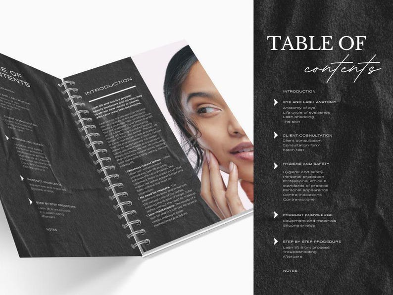 Puede incluir: Un manual de instrucciones con encuadernaci&oacute;n en espiral, cubierta negra texturizada y texto en blanco. Las p&aacute;ginas muestran un &iacute;ndice y una introducci&oacute;n a los procedimientos de lifting y tinte de pesta&ntilde;as, junto a una foto de un rostro.