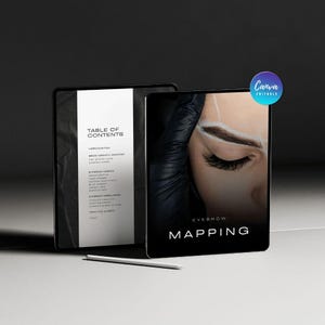 May include: Two digital tablets displaying an eyebrow mapping guide. The right screen shows a close-up of an eye with brow markings and the text EYEBROW MAPPING. The left screen shows a table of contents. A white stylus rests in front of the tablets.