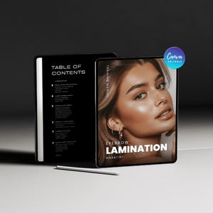Puede incluir: Un manual de formación digital para servicios de laminado de cejas, cera y tinte mostrado en dos pantallas. La portada presenta el retrato de una persona con cejas cuidadas y el texto 'EYEBROW LAMINATION WAX & TINT'. Un lápiz óptico descansa delante.