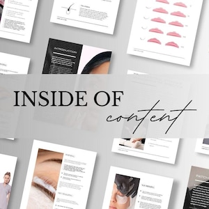 Puede incluir: Una colecci&oacute;n de p&aacute;ginas informativas tituladas INSIDE OF content, que incluyen textos instructivos, diagramas de protectores para lifting de pesta&ntilde;as y fotograf&iacute;as de procedimientos de belleza como tinte y pruebas de parche.