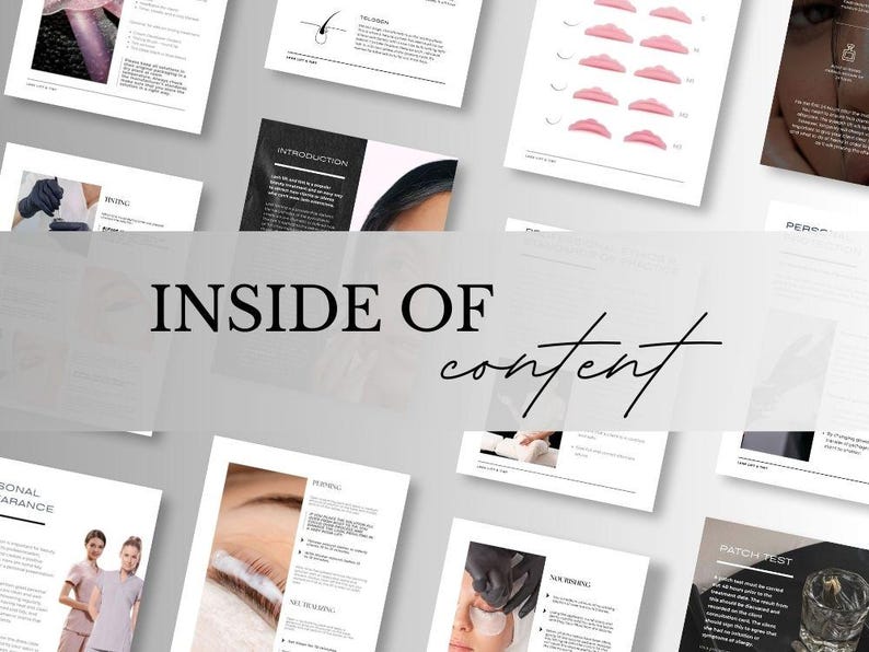 Puede incluir: Una colecci&oacute;n de p&aacute;ginas informativas tituladas INSIDE OF content, que incluyen textos instructivos, diagramas de protectores para lifting de pesta&ntilde;as y fotograf&iacute;as de procedimientos de belleza como tinte y pruebas de parche.