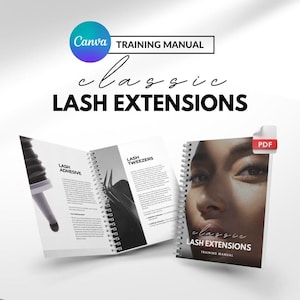May include: A spiral-bound training manual for classic lash extensions. The cover features a close-up of a face and the text "classic LASH EXTENSIONS TRAINING MANUAL". The open pages display sections on lash adhesive and lash tweezers with text.