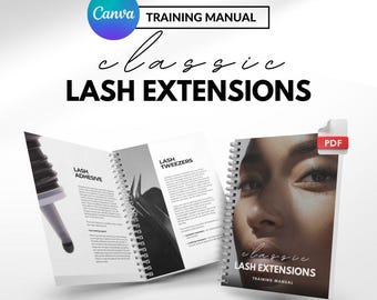May include: A spiral-bound training manual for classic lash extensions. The cover features a close-up of a face and the text "classic LASH EXTENSIONS TRAINING MANUAL". The open pages display sections on lash adhesive and lash tweezers with text.