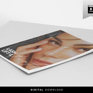 Puede incluir: Un libro electr&oacute;nico digital con una portada blanca que presenta una fotograf&iacute;a en primer plano de un rostro con pesta&ntilde;as definidas. El texto "LASH LIFT & TINT" est&aacute; impreso en blanco a la izquierda. Una banda gris con un icono de libro est&aacute; arriba.