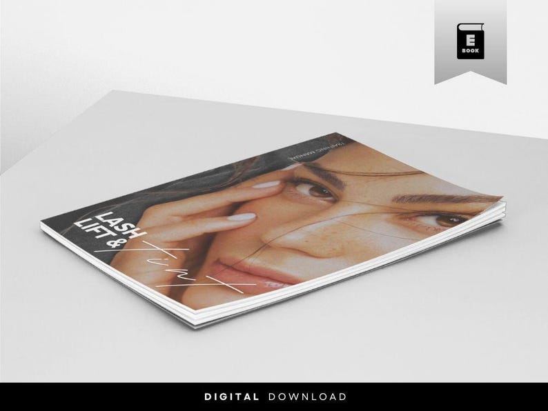 Puede incluir: Un libro electr&oacute;nico digital con una portada blanca que presenta una fotograf&iacute;a en primer plano de un rostro con pesta&ntilde;as definidas. El texto "LASH LIFT & TINT" est&aacute; impreso en blanco a la izquierda. Una banda gris con un icono de libro est&aacute; arriba.