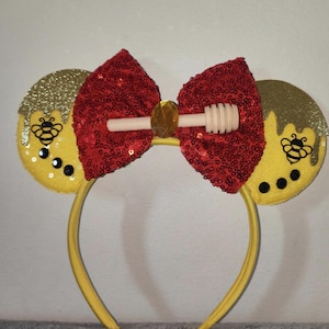 Winnie the Pooh Minnie Mickey Mouse ears classic Disney inspired headband with bow girls fancy dress Disney parks Hairband bear honey bees image 1