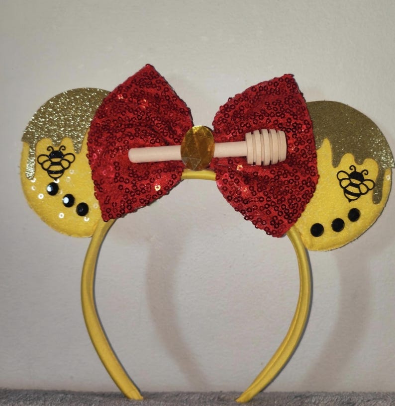 Winnie the Pooh Minnie Mickey Mouse ears classic Disney inspired headband with bow girls fancy dress Disney parks Hairband bear honey bees image 1