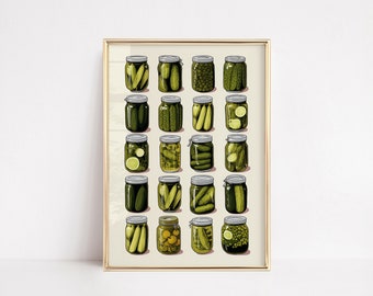 PICKLE JARS | Fun Retro Vintage Food Home Poster | Wall art Living Dining Room | House decor | Kitchen Bar Cart Pickles | Green White