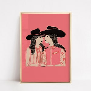 Moderna arte della parete lesbica rosa cowgirl occidentale / poster saffico wlw / stampa transbiana bisessuale romantica / arte queer lgbtq / arte yeehaw West