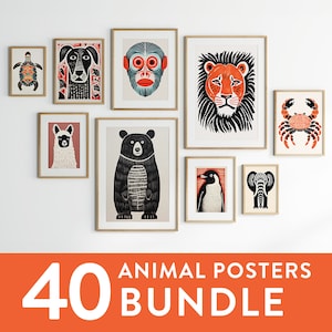 Paquete de 40 carteles de animales / Arte retro de la pared del hogar / Habitación para niños pequeños / Animales divertidos Safari Granja Africana / Galería ecléctica