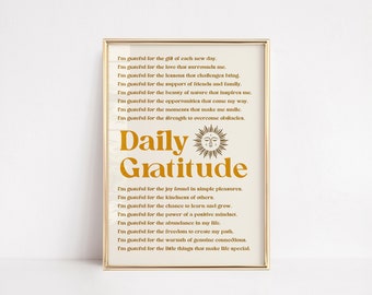 DAILY GRATITUDE Retro Quote Poster for Dorm Office Bedroom wfh Room Decor | Yoga studio | School Positivity Happy Grateful Positive poster