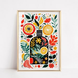 Plakat BOTTLE DRINK Bar Cart | Kitchen Fun Home Art | Eclectic Wall art | Cocktails Barman | alkohol, wódka, tequila, gin | Kwiaty