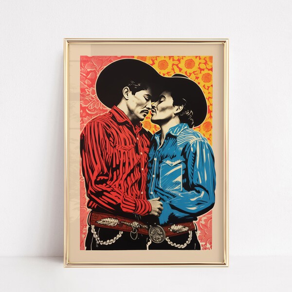 Kissing cowboys Poster, Queer Western Prints, mlm romantic bisexual transman transgay, T4T Wall art, yeehaw cowboy wall art | Wild West Art