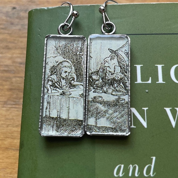 Alice in Wonderland Art Print Earrings, Mad Hatter, jewelry, rectangle, silver, dangely, Lewis Carroll, Illustration, Unique for book lovers