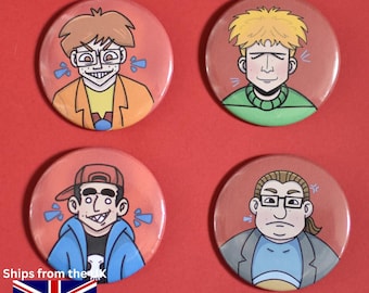 May include: Four round, red-orange buttons with cartoon illustrations of male characters. Each button features a different character with unique facial expressions and clothing. The buttons are likely for decorative or collectible purposes.