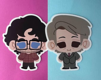 May include: Two cartoon stickers, one with a man wearing glasses and a plaid shirt, the other with a man in a suit. The background is split, with pink on the left and blue on the right.