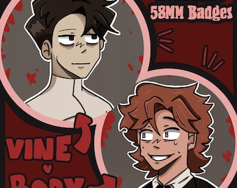 May include: Illustration of two cartoon characters in circular frames, with the text "Dead Plate 58MM Badges" at the top. The text "Vine Body" is also present. The color scheme is primarily dark red, gray, and white.