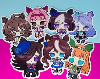 May include: A collection of seven anime-style stickers featuring characters with large eyes and colorful hair. Each sticker has a unique outfit and expression, with a white border. The background is a vibrant mix of pink and blue.