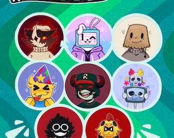 Regretevator 58mm Badges: Bive, Folly, Lampert, Melanie, Null, PartyNoob, Pest, Prototype + Scag