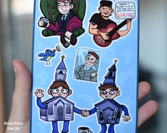 May include: A sticker sheet with various cartoon illustrations on a light blue background. The designs include a person in a chair, a musician with a guitar, and two figures shaped like churches holding hands. Text includes "CLOSE FACE" and "I HATE MY BOSS."