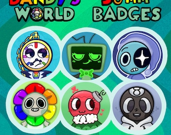 May include: A set of six circular 58mm badges featuring Dandy's World character illustrations. The designs include a clock face, a green monitor, a blue creature with a star eye, a rainbow flower, a red ornament, and an eight-ball character.