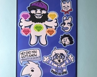 May include: A blue sticker sheet featuring cartoon illustrations. One character holds gems, and others include a castle, a rabbit, and a person with glasses. Text includes "HEY DID YOU GUYS KNOW *BIGGEST LIE EVER?" and "THIS IS EPIC."