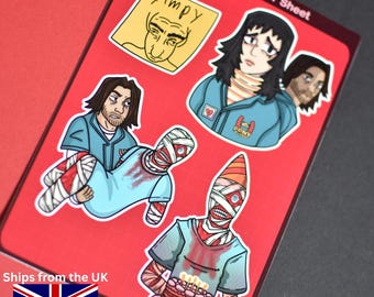 May include: A red sticker sheet featuring several cartoon illustrations. The stickers include a drawing of a person with the word "yimpy", and several other characters in blue shirts. One character is holding a cake. The text "Crushing - Sticker Sheet" is at the top.