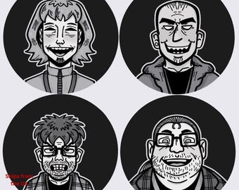 May include: Four black and white cartoon portraits of people with different facial expressions, each in a circular frame. The portraits include a person with long hair, a person with a shaved head, a person with glasses, and a person with a beard.