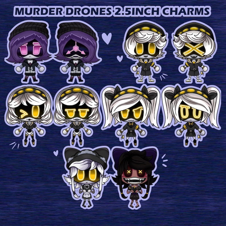 May include: A collection of 2.5-inch Murder Drones charms. The charms feature various characters with white hair, yellow glowing eyes, and black outfits. Some characters have hats or pigtails. The text "MURDER DRONES 2.5INCH CHARMS" is at the top.
