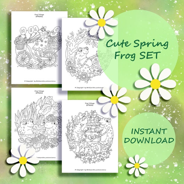 Spring Frogs Coloring Pages for Adults | Spring Coloring Pages for Kids | Printable PDF File | Instant Download | Spring Vibes | 4 Pages