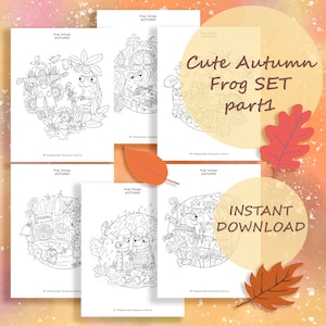 Cute Autumn Frogs Coloring Pages for Adults | Autumn Coloring Book for Kids | Printable PDF File | Instant Download | Autumn Vibes | 6 Pages