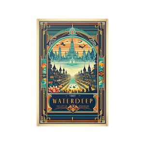 Póster de la ciudad de Waterdeep, obra de arte inspirada en D&D 5e, decoración de juegos de rol de fantasía, impresión de aventuras icónicas, regalo para entusiastas de los juegos de mesa, diseño art déco