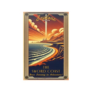 Art Deco Reiseplakat von The Sword Coast , DnD Setting. Wandbild, Homedecor, Fantasy Poster, Spielzimmer Dungeons & Dragons, 5e