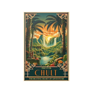 Cartaz de viagem Chult, arte de Dungeons and Dragons, RPG de fantasia, impressão de fantasia, presente para entusiastas de jogos de mesa, decoração de parede Art Déco, DnD, 5e