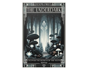 Könnte beinhalten: Eine Schwarzweißillustration eines Fantasywaldes mit leuchtenden Pilzen und einem Weg, der in die Ferne führt. Der Text "EXPLORE THE UNDERDARK" befindet sich oben im Bild, und der Text "UNCOVER THE SECRETS OF THE SILENT DEPTHS" befindet sich unten. Ein Dungeons and Dragons-Symbol befindet sich unten in der Mitte.