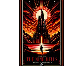 Nine Hells Travel Poster, Dungeons and Dragons Art, Fantasy RPG, Art Deco Wall Decor