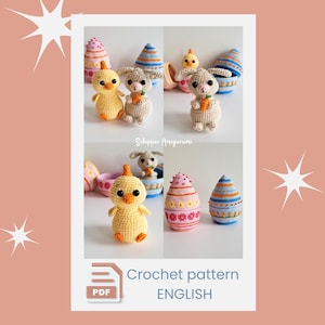 May include: A collage of crocheted Easter-themed items. The image features a yellow chick, a beige bunny holding a carrot, and decorative eggs in various colors and patterns. The text "Crochet pattern ENGLISH" is also present.