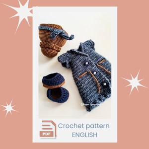 Mönster för virkad jeansklänning och pannband, Zoë, för Robin-docka 28 cm (PDF-mönster)