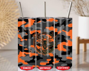 Orange Camo Deer 20 Oz Tumbler Wrap PNG Seamless Hunting Design