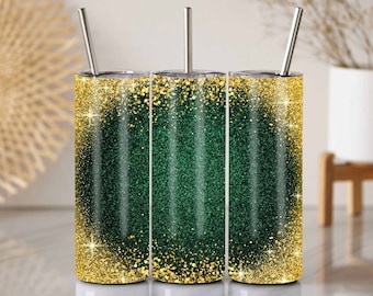 Add Your Text Photo / Text, Gold and Green Glitter Tumbler, 20oz Skinny Tumbler Sublimation Design, Seamless PNG