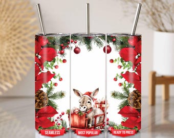 Envoltorio para vaso navideño de burro de granja con flores de Pascua rojas para vaso delgado de 20 oz PNG