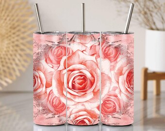 Rosen Aquarell Tumbler Wrap: Pink Floral Glitter Sublimationsdesign (PNG Datei)