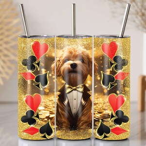 Casino Dog Tumbler Wrap, 20 Oz Skinny Sublimation PNG, Design glamour Poodle Terrier, Carta da pacchi con glitter oro, Regalo per gli amanti del poker