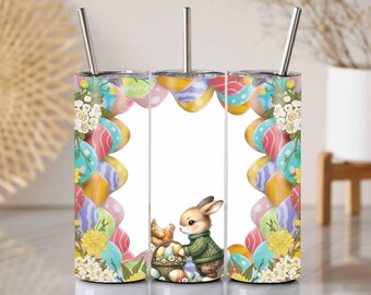 Envoltura para vaso de conejito de Pascua PNG: Diseño floral de huevo pastel (sublimación delgada de 20 oz, marco transparente)