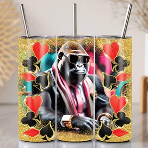 Casino Gorilla Tumbler Wrap, 20 Oz Skinny Sublimation PNG, Design Poker King, Carta da gioco con glitter oro, Regalo High Roller