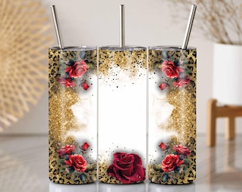 Gold Cheetah Rose 20 Oz Tumbler Wrap PNG Glitter Animal Print Floral Frame
