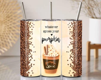 Pumpkin Spice Coffee Tumbler Wrap 20oz Skinny Sublimatie, PNG | Herfst naadloos koffieboonontwerp